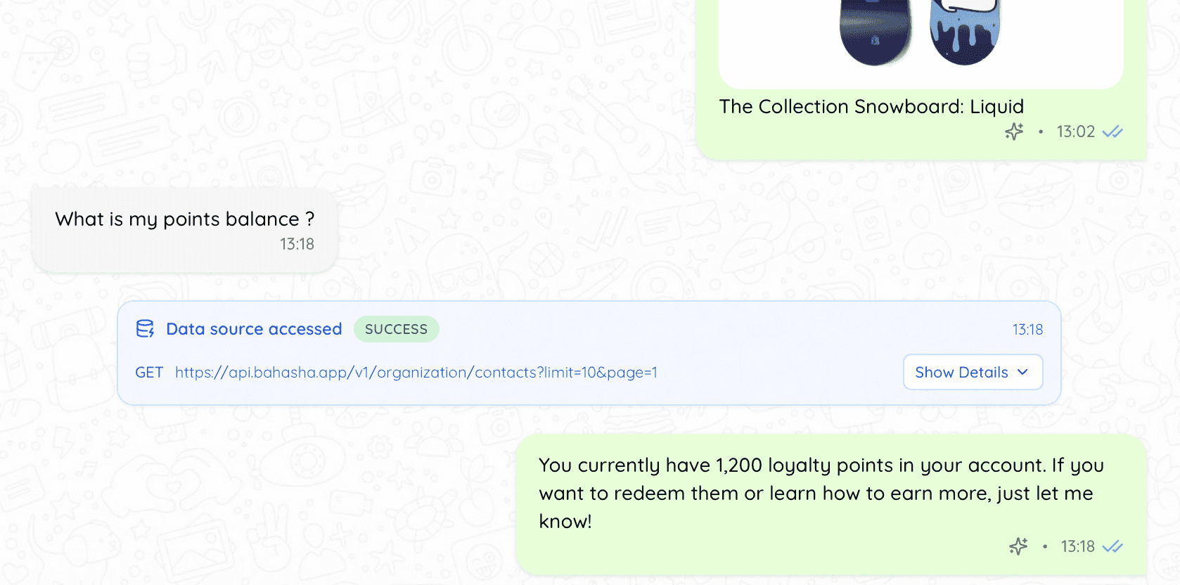 Bahasha Data Sources tab: a configured API source with its health badge and recent request log