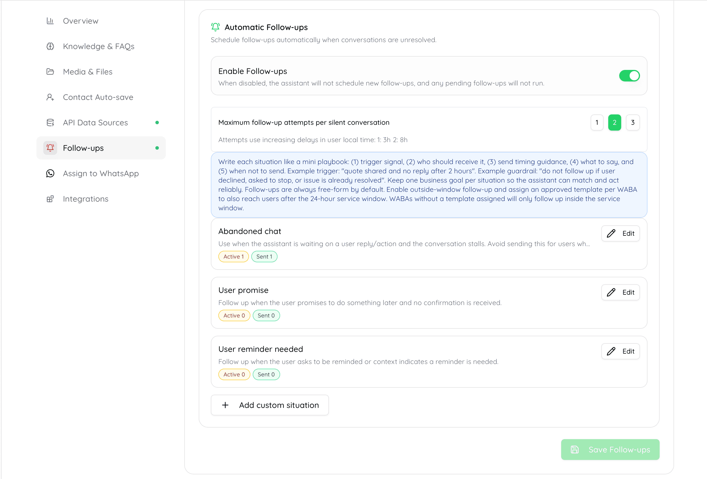 Bahasha Follow-ups tab: situations with their Active and Sent stats and the max-attempts setting