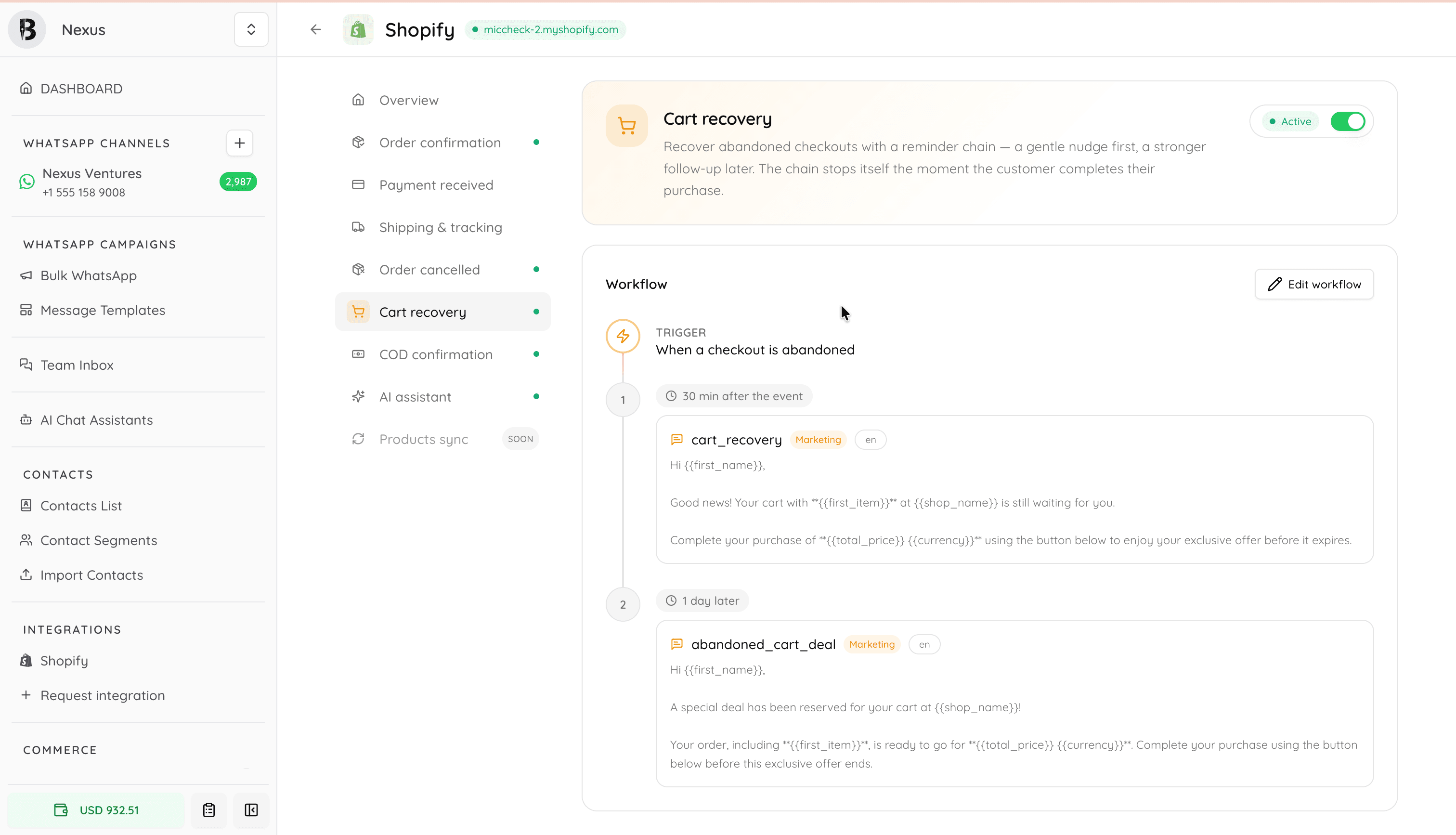 Bahasha cart-recovery workflow: a two-step reminder chain triggered when a checkout is abandoned