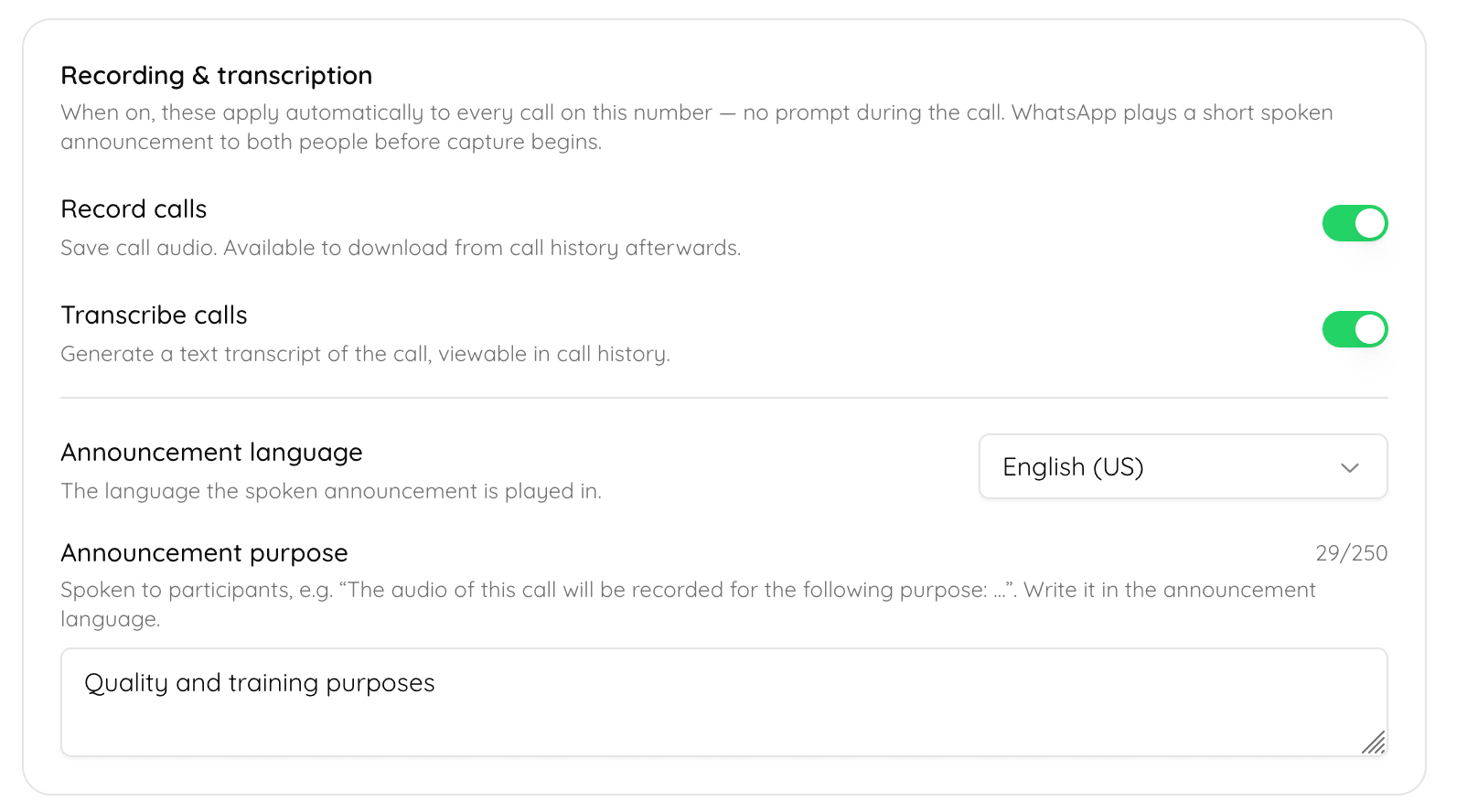 Transcriptions and Recordings settings