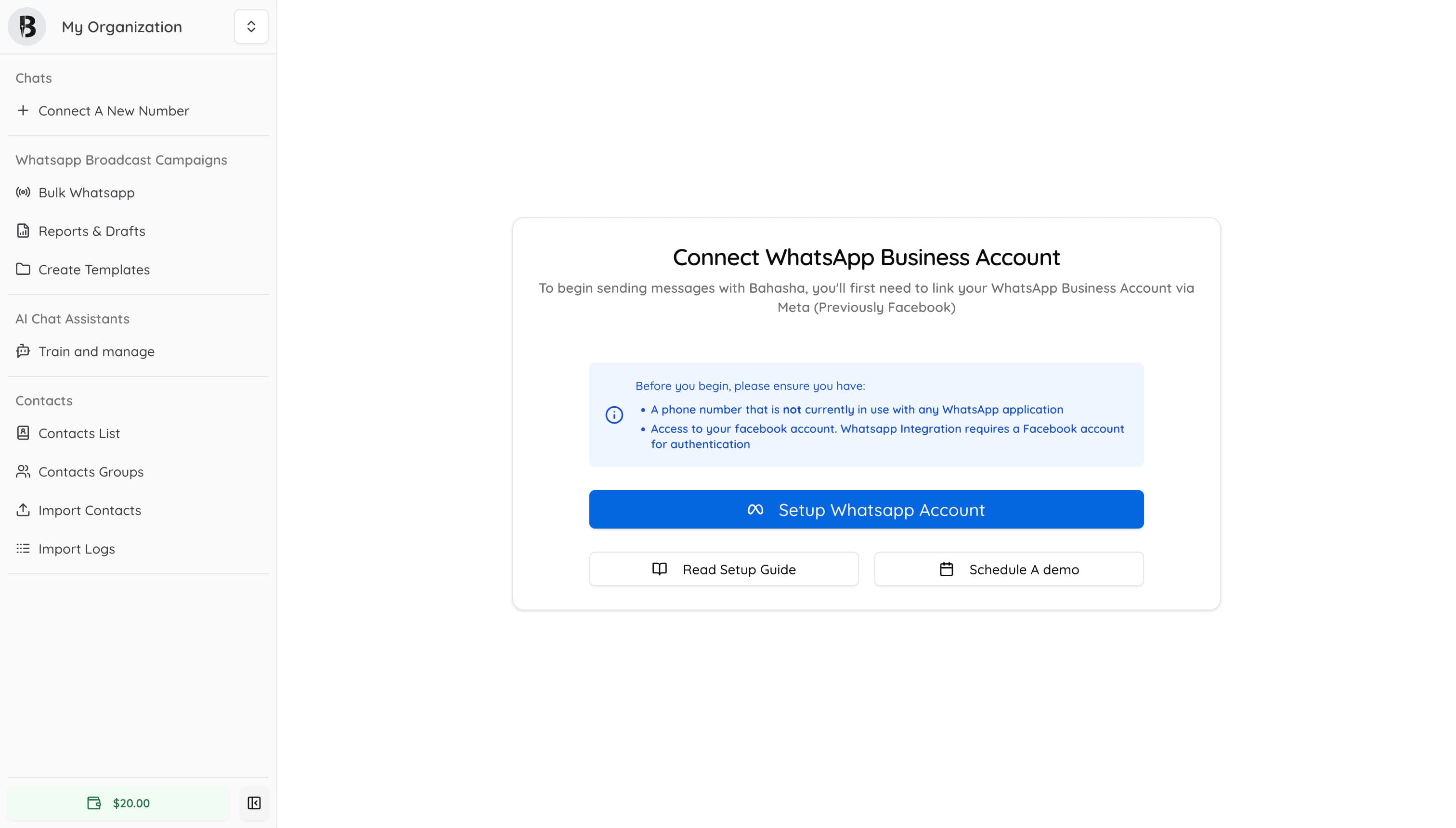 Bahasha Dashboard for a newly created Account